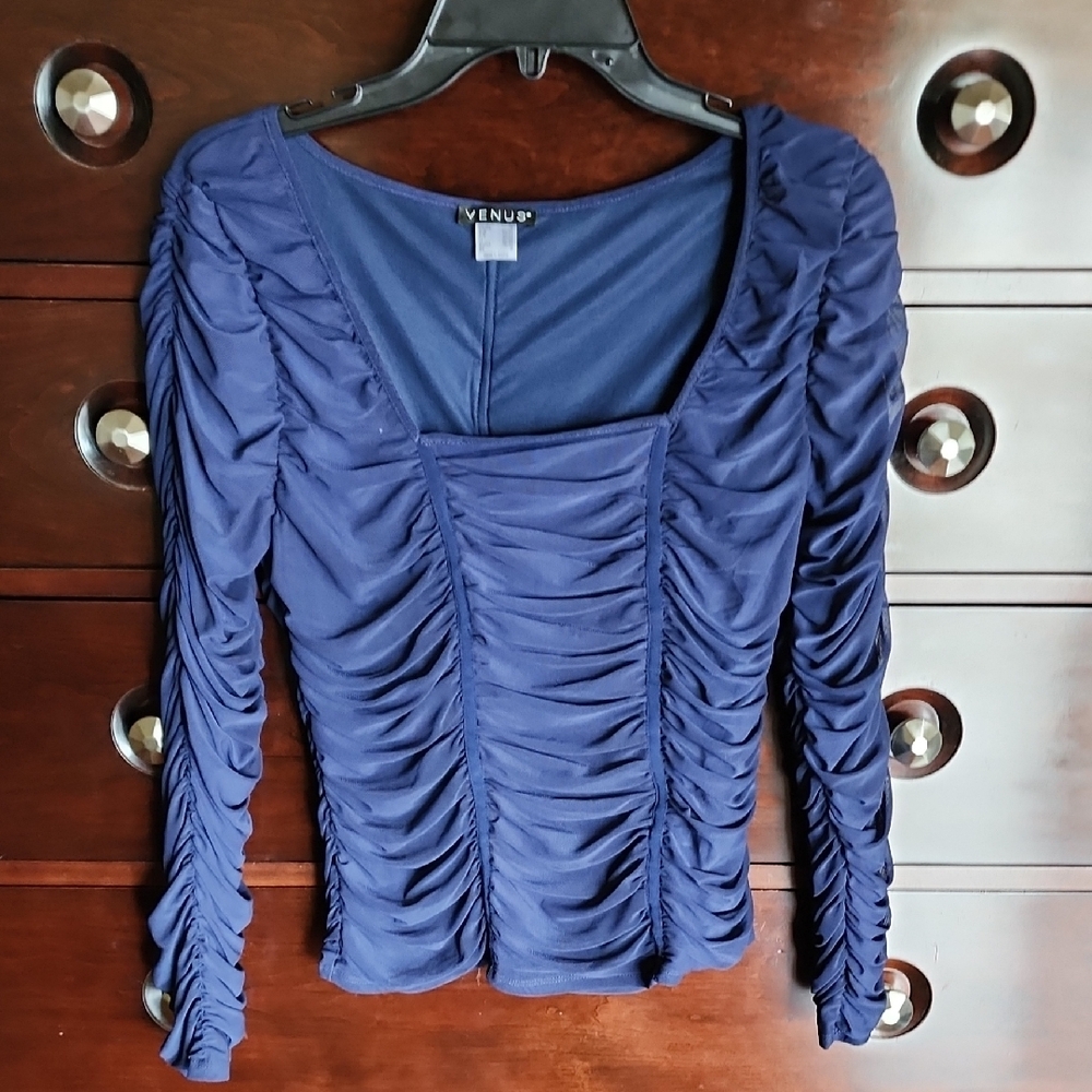 VENUS Blue Ruched Long Sleeve Blouse